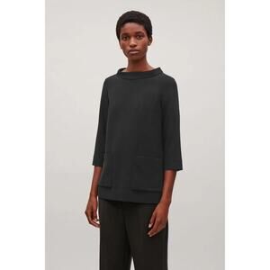COS Folded Collar Top Size 6 Black Solid Neutral Minimalist Mod 3/4 Sleeves